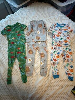 Kids Pajama Set - Green, Gray & White Dinosaur and Breakfast Prints